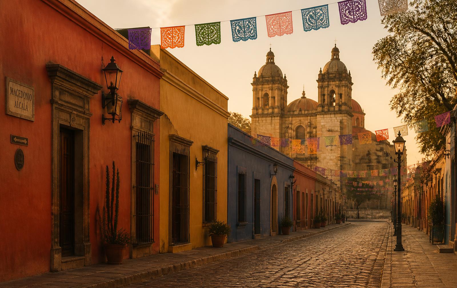 Cobblestone street in Oaxaca Centro at golden hour with papel picado and Santo Domingo's bell towers